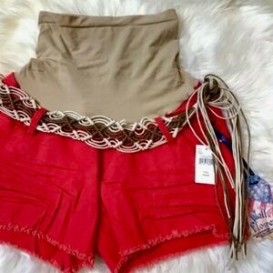 *Wallflower Maternity Shorts Coral/Red Jean Boho Fringe Belt OverBelly Small NWT